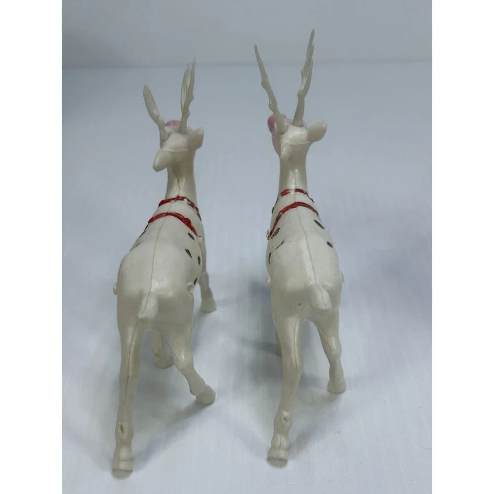 Vintage Plastic Standing Santa Claus Sleigh Pulled by Two White Reindeer